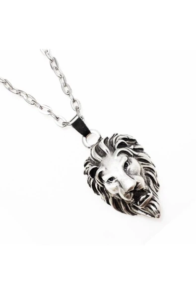 Gümüş Renk Erkek Aslan Başı Kolye - 2