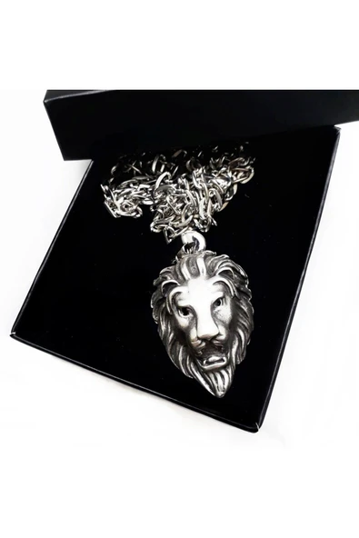 Gümüş Renk Erkek Aslan Başı Kolye - 3