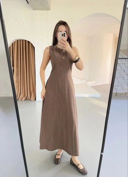 Keten Uzun Kolsuz Elbise- Kahverengi - 3