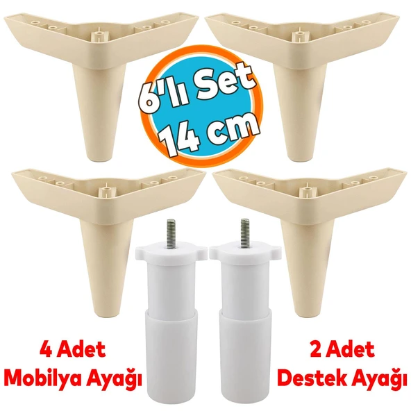 Mobilya Tv Ünitesi Çekyat Koltuk Kanepe Baza Destek Ayağı Ayakları 14 Cm Krem M8 6'lı Set ürün görseli