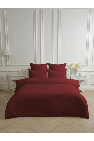 Line Bordo Pamuk Saten Çift Kişilik Nevresim Takımı Lastiksiz Çarşaflı 4 Parça Set