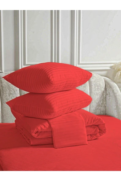Line Kırmızı Pamuk Saten Çift Kişilik Nevresim Takımı Lastiksiz Çarşaflı 4 Parça Set - 3