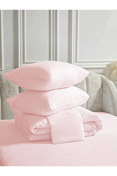 Line Pembe Pamuk Saten Çift Kişilik Nevresim Takımı Lastiksiz Çarşaflı 4 Parça Set - 3