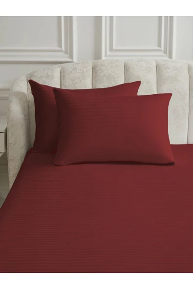 Line Bordo Pamuk Saten Çift Kişilik Nevresim Takımı Lastiksiz Çarşaflı 4 Parça Set - 5