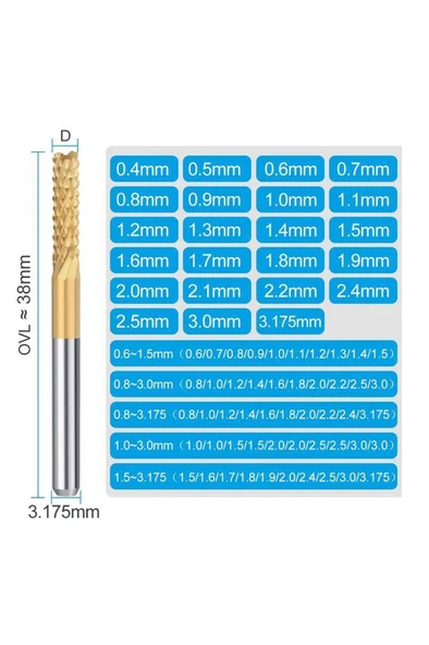 PCB Mini Karbür Freze Kesici 0.8-3.175mm 10 lu Set 3.175mm Shank - 9