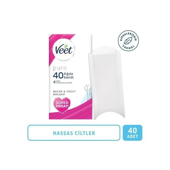 Veet Pure Sir Ağda Bantları Hasas Ciltler İçin Bacak ve Vücut Bölgesi 40 lı