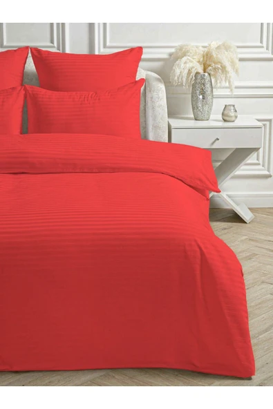 Line Kırmızı Pamuk Saten Çift Kişilik Nevresim Takımı Lastiksiz Çarşaflı 4 Parça Set - 2