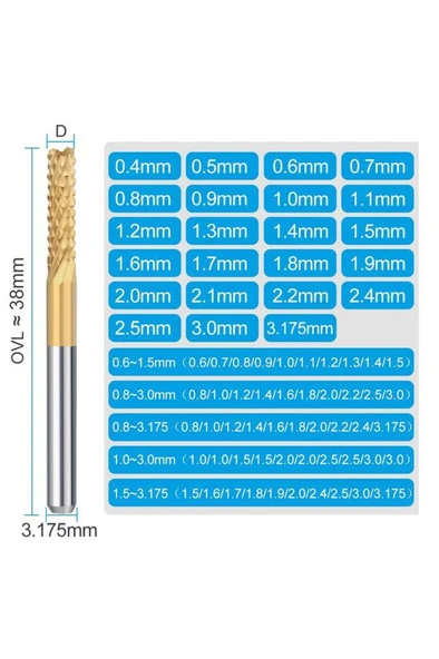 PCB Mini Karbür Freze Kesici 1.0-3.0mm 10 lu Set 3.175mm Shank - 11