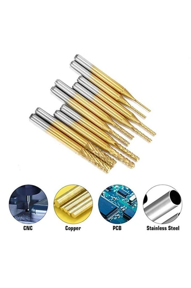 PCB Mini Karbür Freze Kesici 1.0-3.0mm 10 lu Set 3.175mm Shank - 3