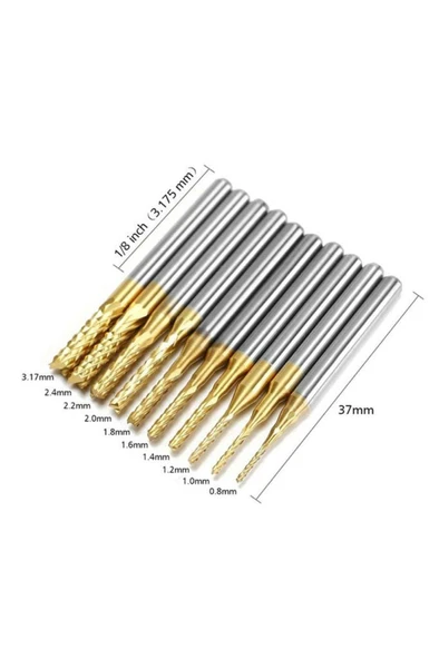 PCB Mini Karbür Freze Kesici 0.8-3.175mm 10 lu Set 3.175mm Shank - 7