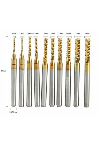 PCB Mini Karbür Freze Kesici 1.0-3.0mm 10 lu Set 3.175mm Shank
