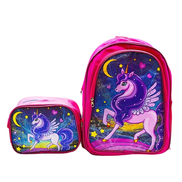 Gen-Of 2 Bölmeli Unicorn İlkokul Okul Sırt Çantası Ve Beslenme Çantası Pembe KOD:1308