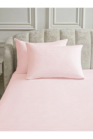 Line Pembe Pamuk Saten Çift Kişilik Nevresim Takımı Lastiksiz Çarşaflı 4 Parça Set - 5