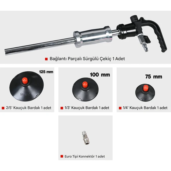 Havalı Boyasız Kaporta Göçük Düzeltme Vantuz 1/4" 3 Çeşit Hava Çektirme Pnömatik Vakum 75-100-125 mm - 2