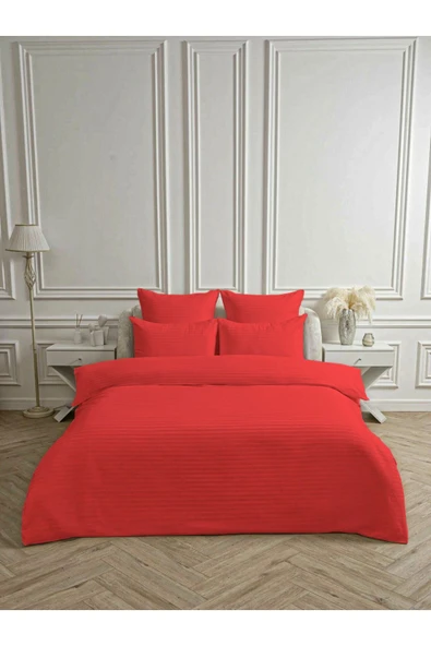 Line Kırmızı Pamuk Saten Çift Kişilik Nevresim Takımı Lastiksiz Çarşaflı 4 Parça Set