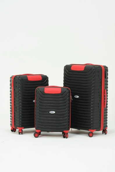 Keo-Plus Siyah-Kırmızı 3 lü Set Silikon Kırılmaz PP Valiz