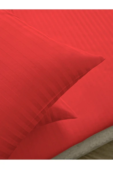 Line Kırmızı Pamuk Saten Çift Kişilik Nevresim Takımı Lastiksiz Çarşaflı 4 Parça Set - 4