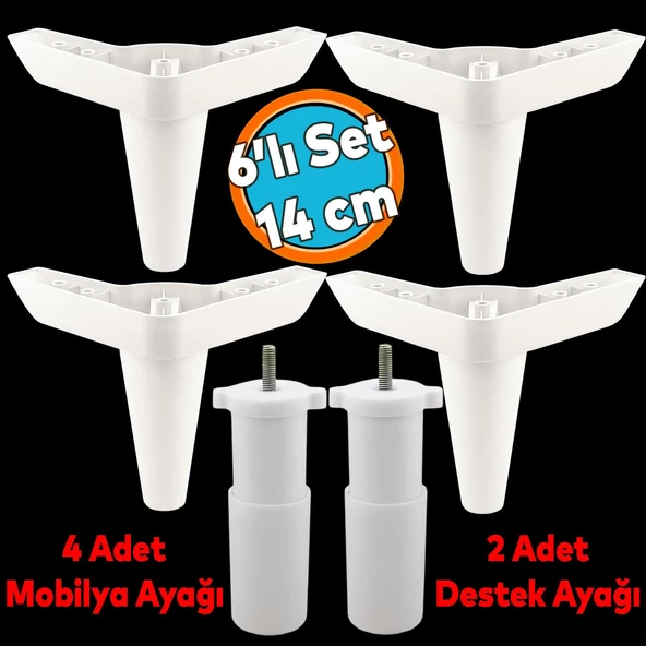 Mobilya Tv Ünitesi Çekyat Koltuk Kanepe Baza Destek Ayağı Ayakları 14 Cm Beyaz M8 6'lı Set ürün görseli