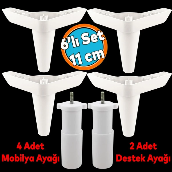 Mobilya Tv Ünitesi Çekyat Koltuk Kanepe Baza Destek Ayağı Ayakları 11 Cm Beyaz Ayak 6'lı Set ürün görseli
