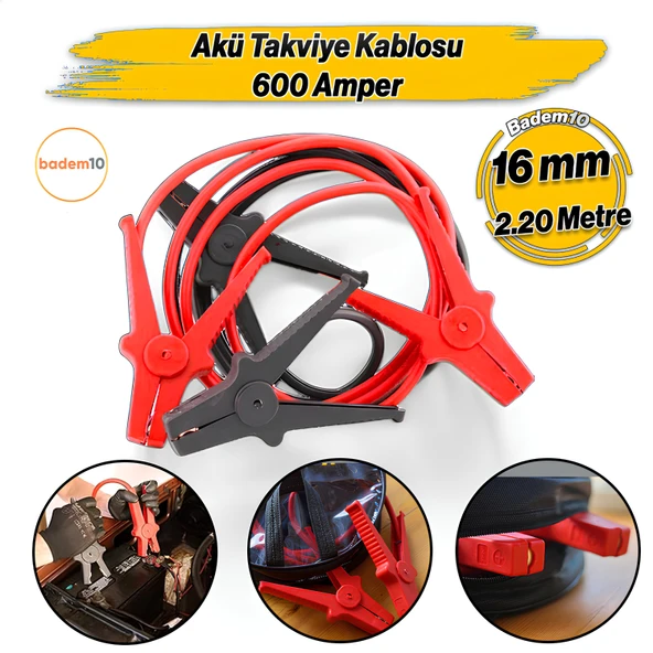 600 Amper Akü Takviye Kablosu 2.2 Metre 16mm² Kalınlık 6V/12/24V Araç Araba Oto Akümülatör Sarj Şarj