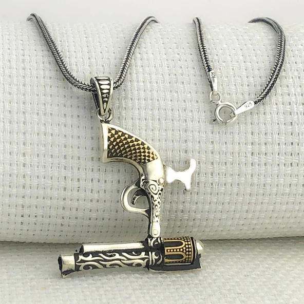 925 Ayar Gümüş 6 Patlar Tabanca Kolye - Resim 2