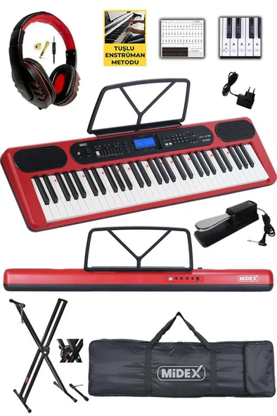 Midex PS-5200RD-HSS Pro Org 61 LED Işıklı Tuş Hassasiyetli Bluetooth Midi Kulaklık Stand Sustain