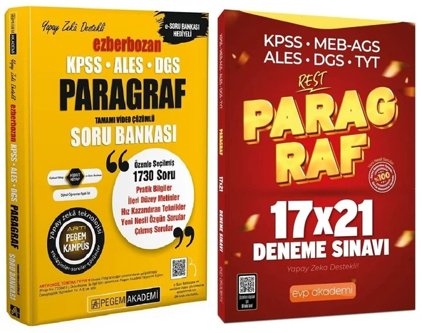 Pegem + EVP 2025 KPSS ALES DGS Paragraf Ezberbozan Soru Bankası + 21 Deneme 2 li Set Pegem + EVP Akademi Yayınları