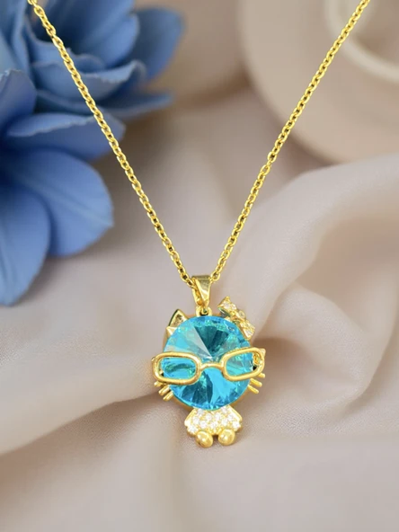 Sevimli Kedi Figürlü Mavi Taşlı Altın Renk 316L Antialerjik Çelik Kolye - Eğlenceli ve Şık Tasarım ürün görseli 1