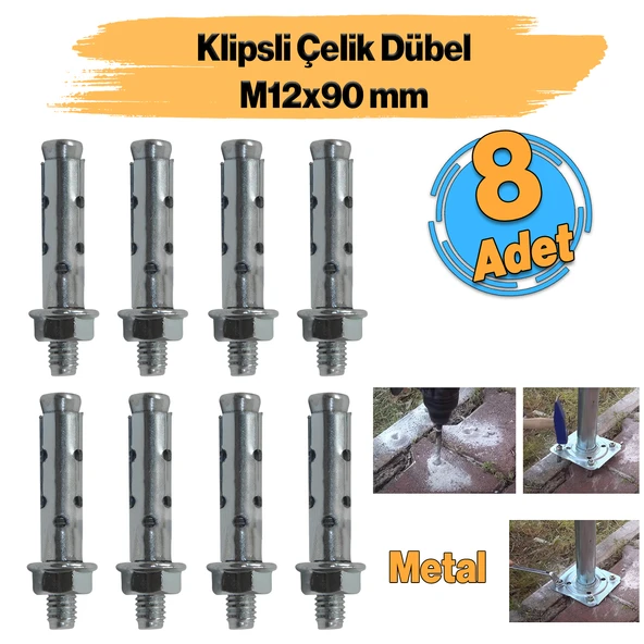 Saplamalı Gömlek Çelik Dübel M12x90 mm Raf Montaj Bağlantı Zemin Monte Tavan Asma Aparat 8 Adet