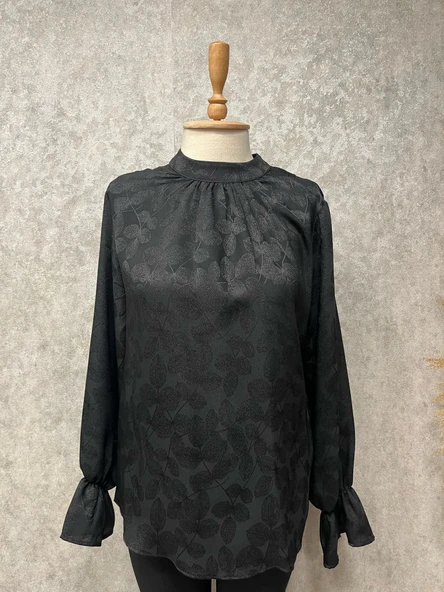 25Y5307 BLUZ SATEN YAPRAK DESENLİ KOL LASTİKLİ - 5