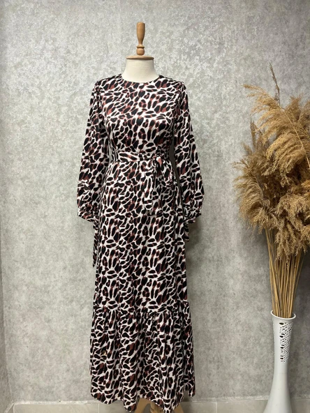 25Y1749 ELBİSE SATEN LEOPAR DESENLİ KOLU BAĞCIKLI - 1