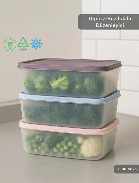 3'lü Dipfriz Saklama Kabı - No Frost Silikon Kapaklı | Derin Dondurucu Düzenleyici - BPA Free - 1500 ml
