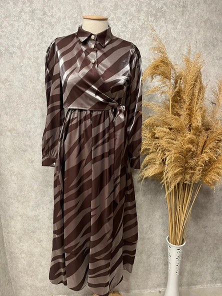 25Y3416 ELBİSE SATEN ZEBRA DESEN BELİ BAĞLAMALI - 6