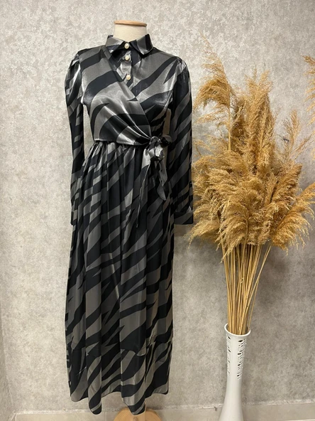 25Y3416 ELBİSE SATEN ZEBRA DESEN BELİ BAĞLAMALI