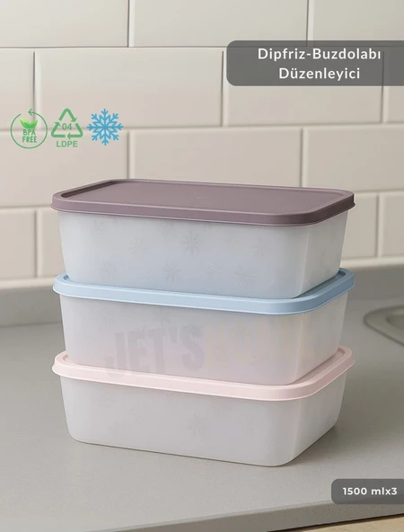 3'lü Dipfriz Saklama Kabı - No Frost Silikon Kapaklı | Derin Dondurucu Düzenleyici - BPA Free - 1500 ml - 3