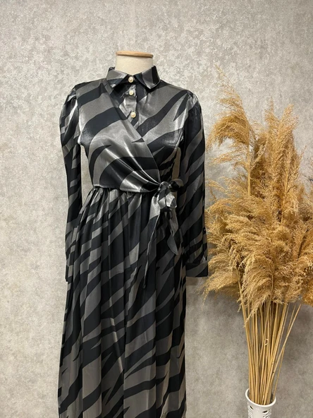 25Y3416 ELBİSE SATEN ZEBRA DESEN BELİ BAĞLAMALI - 5