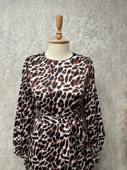 25Y1749 ELBİSE SATEN LEOPAR DESENLİ KOLU BAĞCIKLI - 3