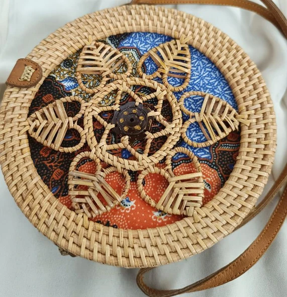 Çanta Bambu Rattan El Yapımı Deri Askı Kadın Hasır Omuz Çantası Taba Renk - 8