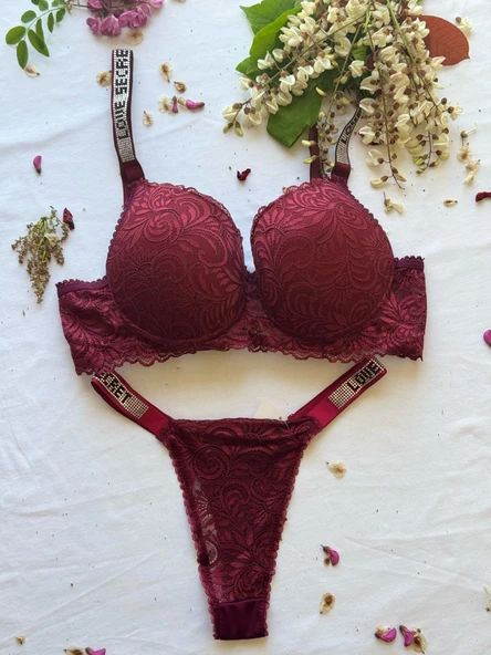 LOVE SECRET Mikro Kumaş Taşlı Askılı Dolgulu Sütyen ve Tanga kadınn iç çamaşır takımı