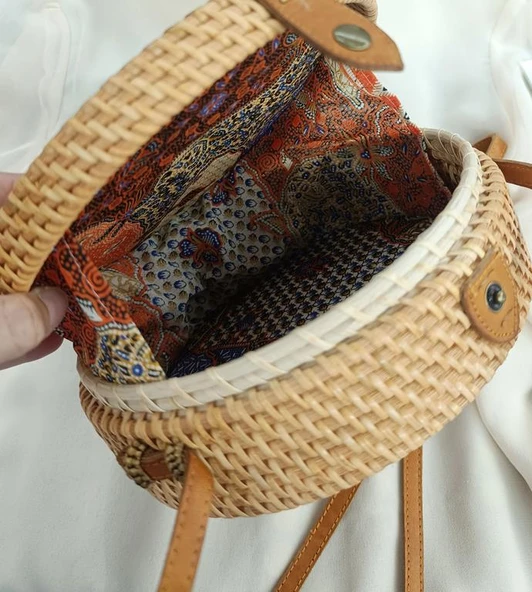 Çanta Bambu Rattan El Yapımı Deri Askı Kadın Hasır Omuz Çantası Taba Renk - 5