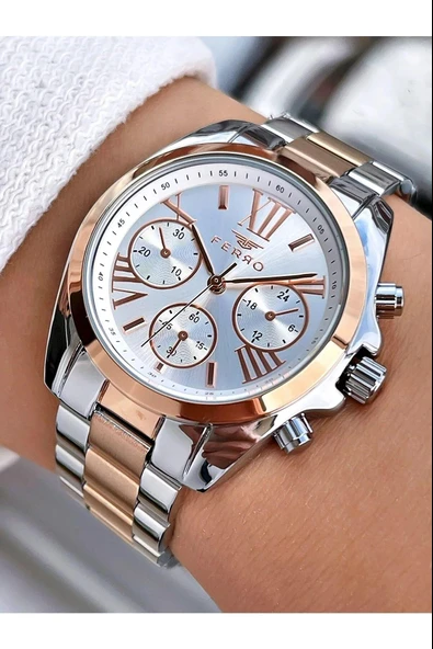 Ferro FL21259A-E 36 mm Rose Gold/Metalik Gri Kadın Kol Saati+ Bileklik - Resim 3