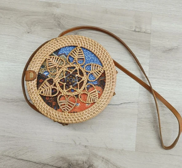 Çanta Bambu Rattan El Yapımı Deri Askı Kadın Hasır Omuz Çantası Taba Renk