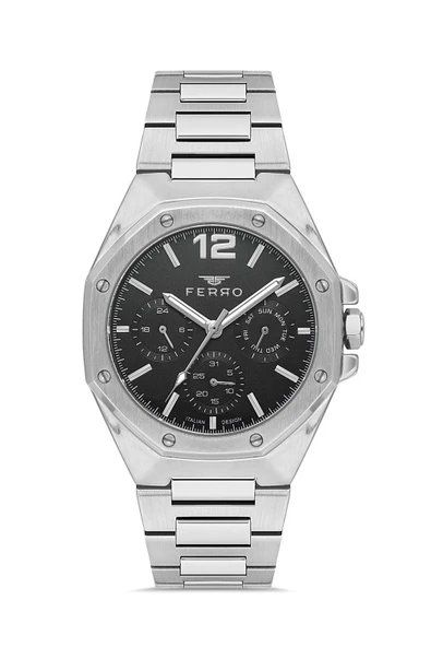 Ferro Quartz Çelik Gri Siyah Kadran 42 mm Fonksiyonları Aktif Erkek Kol Saati