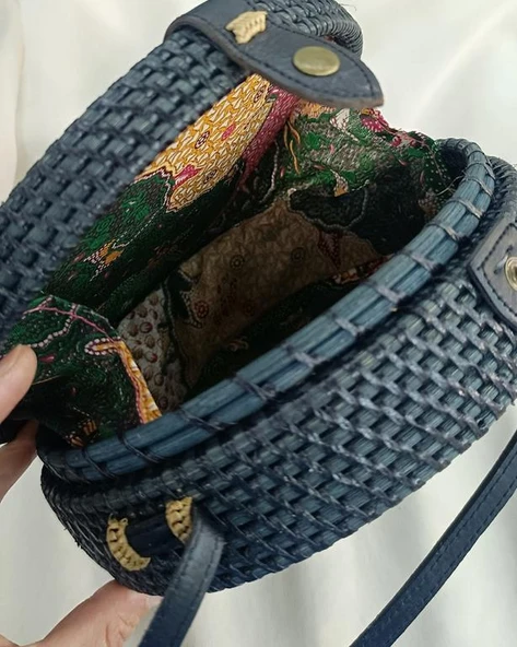Çanta Çiçek Desenli Bambu Rattan El Yapımı Deri Askı Kadın Hasır Omuz Çantası Siyah Renk - 7