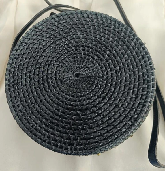 Çanta Çiçek Desenli Bambu Rattan El Yapımı Deri Askı Kadın Hasır Omuz Çantası Siyah Renk - 5