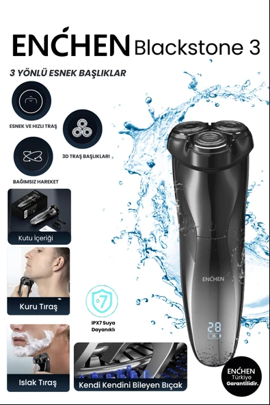 Enchen Blackstone 3 Siyah Çift Yönlü Kavisli Bıçaklı Dijital Ekranlı Suya Dayanıklı Şarjlı Tıraş Makinesi