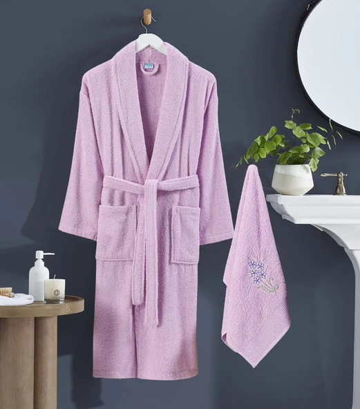 Bornoz - Nakışlı Havlu Seti Cora Leylak L/XL+45x85cm - Resim 3