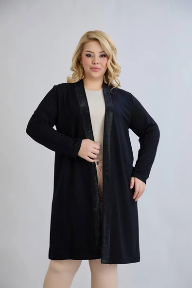 Wearon Kadın Serra Büyük Beden Kristal 2 ip Pervazı Taşlı Siyah Hırka Ceket