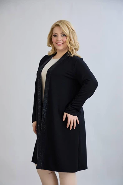 Wearon Kadın Serra Büyük Beden Kristal 2 ip Pervazı Taşlı Siyah Hırka Ceket - 4