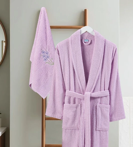 Bornoz - Nakışlı Havlu Seti Cora Leylak L/XL+45x85cm - Resim 2